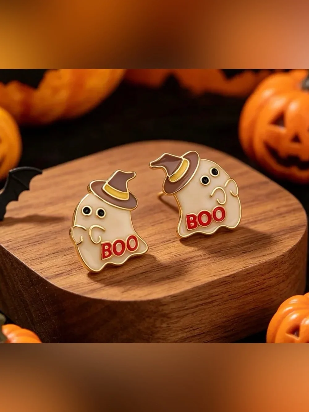 Halloween Ghost 'BOO' Enamel Earrings- Cream & Brown